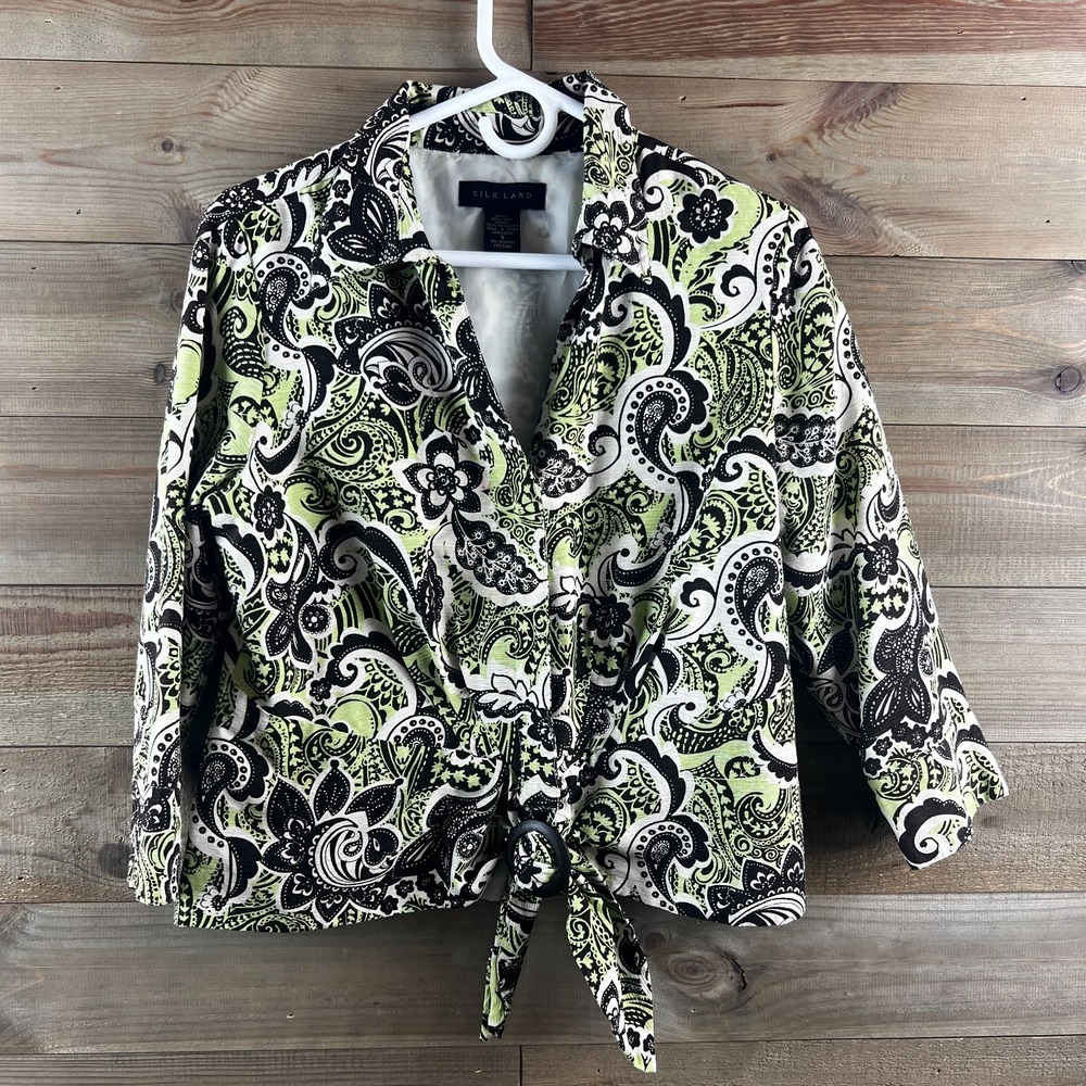 SilkLand Womens Jacket 3/4 Sleeve Button Tie Front Paisley Floral Silk Vintage 6